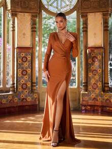 Faeriesty 优雅长款派对礼服 | 长袖深V领，高开衩下摆，闪亮弹力面料，修身剪裁，适合正式晚宴、派对、新年庆祝活动、婚礼、盛大晚会及其他场合 - 棕色 - 查看 3