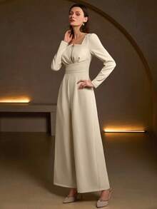 女士优雅奶油色长袖方领褶皱胸部长款连体裤，适合各种场合 - 淺杏色 - 查看 5