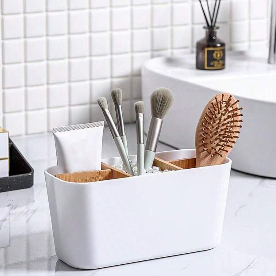 1pc Plastic 5-Compartment Toothbrush Holder, Makeup Organizer Box, Bathroom Vanity Storage Rack For Cosmetics, Stationery, Electric Toothbrush, Toothpaste, Shaving Supplies, Home Decor, Holiday Gift, Back To School Decoration