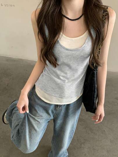 女士无袖二合一背心，夏季