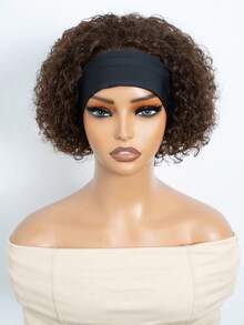QVR QUEEN VIRGIN REMY 130% Density Brown Short Curly Wig, Elf Short Curly Wig With Headband, Plug And Play, No Glue Needed, Short Water Wave Deep Curly Wig With Extra Pull Cord, Lace-Free Machine Weft Human Hair Wig, Soft Brazilian Virgin Remy Hair, Suitable For Beginners Daily Wear, Affordable Price - S4 - View 2
