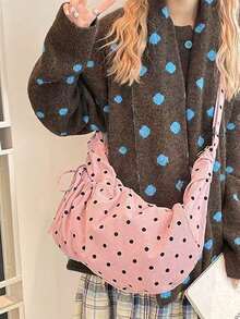 韩版时尚小众设计波点饺子包，女士时尚百搭通勤休闲外出褶皱抽绳单肩斜挎包 - 粉色 - 查看 3