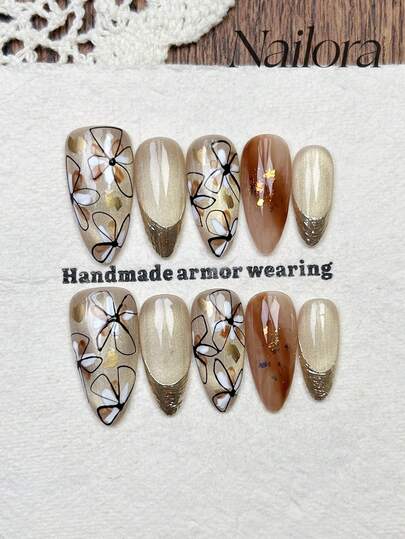 10pcs Handmade Nails Almond Nails Acrylic Press On Nails Medium Long, Gentle Champagne Nails Brown Gradient, Flashy Cateye, Chrome Nail Powder French Tip Nails, Handpainted Simple Irregular Flower, Gold Foil, Simple Elegant Luxury Winter Nails, Fall Press On Nails, New Year Nails DIY False Nail Art Party Daily & Dating Use Beach Tropical Getaway Suitable Reusable, For Women & Girls As Gift Nail Supplies