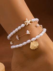 3er/Set modisches Fußkettchen mit Kunstmuschel & Seestern Perlen und Kette, Damen Urlaubs-Lässig-Mode Fußkettchen Schmuck - Stil 1 - Übersicht 2