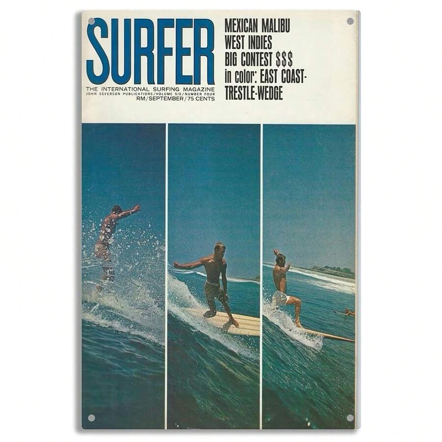 1pc Vintage Surfer Magazine Metal Tin Sign - Retro Surfing Wall Art With Malibu Beach Scene, Hawaii & West Indies Surf Competitions, Durable Dust-Proof Metal, Nostalgic Surf Decor For Home, Cafe, Bar, For Man Cave, Surf Enthusiast Gift - 金屬噴漆 - 查看 1