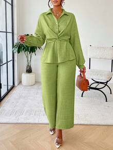 2pcs Women Summer Casual Minimalist Daily Collared Twist Waist Shirt And Relaxed Pants Set, Suitable For Home And Commute - Grass Green - View 6