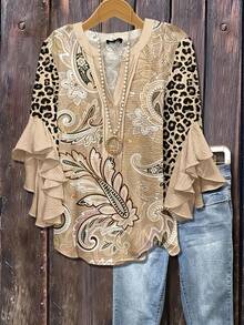 1 Women'S Floral & Paisley& Leopard Print Blouse - Button-Front Top With Three-Quarter Length Ruffle Sleeves, Non-See-Through Fabric For Everyday & Formal Events - Spring/Summer Blouse , Women'S Clothing - Khaki - View 4
