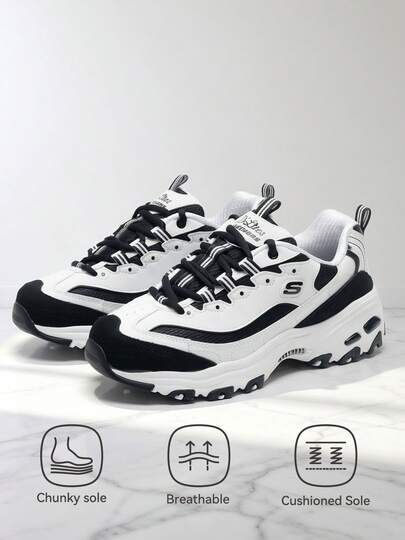 Skechers D'LITES 1.0 Casual Shoes, Breathable Unisex Sneakers, Panda Design, Daily Commute Shoes, Retro Chunky Sneakers 13148-WBK