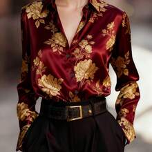 Women'S Elegant Floral Print Satin Shirt - Long Sleeve Button-Up Blouse With V-Neck, Regular Fit For Spring/Fall, Office & Casual Attire, Spring/Fall Clothing, Fashion Lovers, Stylish Top, Smooth Texture, Classic Collar Design, Autumn Fashion - 藏蓝色 - 查看 3
