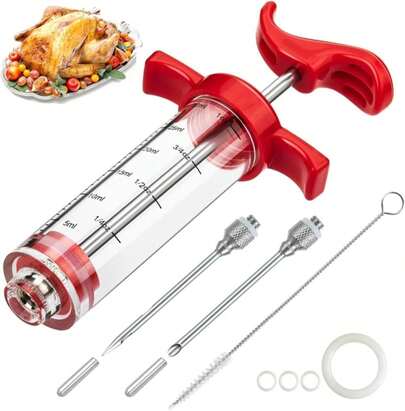 Meat Injector Syringe, 1-Oz Plastic Marinade Turkey Injector Kit, 2 Marinade Injector Needles For BBQ Grill By QPMR