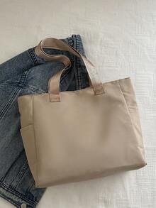Bolso de mano versátil y de moda de unicolor, bolso de hombro minimalista casual con textura y color de contraste - Caqui - Ver 9