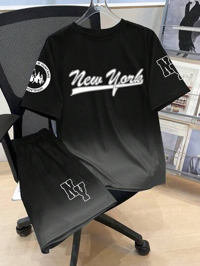 男童字母印花圆领短袖T恤和短裤套装