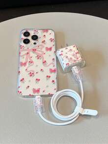 4pcs Transparent TPU Floral & Bowknot Pattern Charger Cable Protector Case + Matching Phone Case Compatible With 20W Fast Charging Compatible With IPhone 13/13 Pro/13 Pro Max/13 Mini - Black and White - View 3