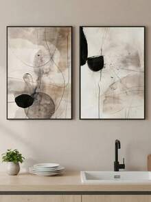 2幅无框黑米色抽象墙画，中性极简主义艺术版画，工业风海报，日式线条艺术版画，现代墙面装饰，帆布画，适用于客厅、卧室、厨房、家庭办公室、咖啡馆、酒吧、走廊、家居和房间装饰。 - 黑色 - 查看 2