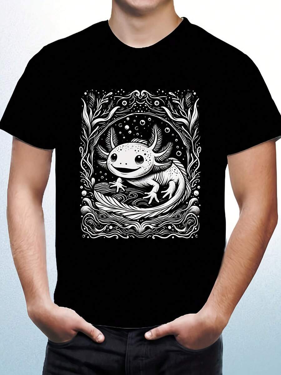 Axolotl Tee Shirt Black 100% Cotton Exclus Artwork Cute Design - Style 5 - View 1
