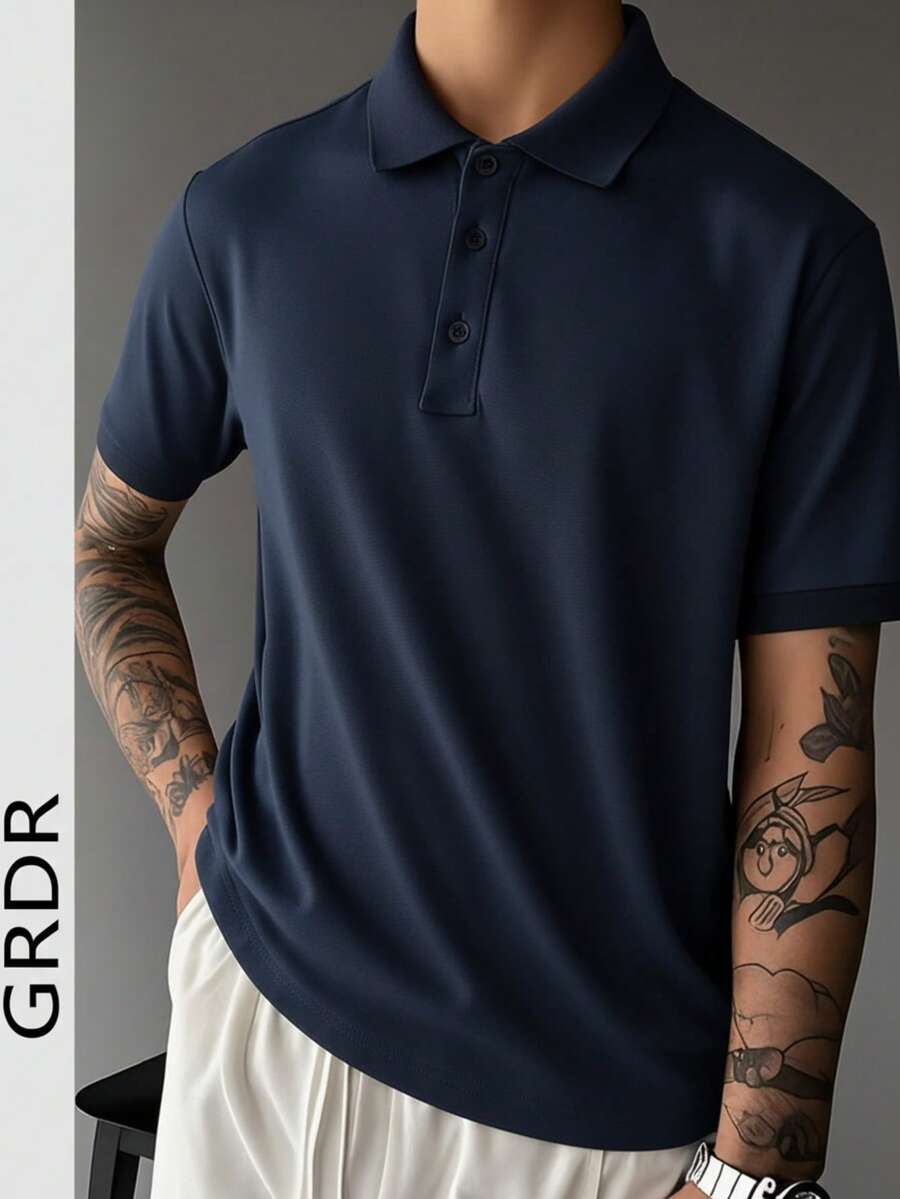 GRDR Men's Solid Color Polo Shirt, Casual Versatile Commuting Short Sleeve