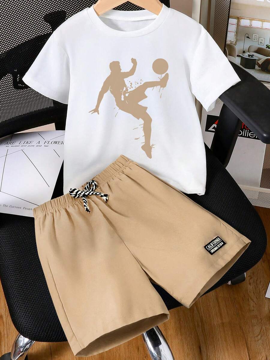 Youth Boy Cartoon Graphic Print Round Neck Short Sleeve T-Shirt And Shorts Set - White - View 1