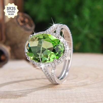 1枚S925纯银镶嵌闪亮蛋形10*14毫米/10克拉绿色合成宝石结婚戒指，嘻哈风格，适合情人节、周年纪念日、订婚、求婚礼物