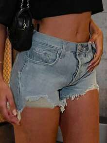 Women's Street Washed Frayed Hem Elastic Denim Shorts, Casual Daily Wear With Pockets, Spring/Summer - Blue - View 4
