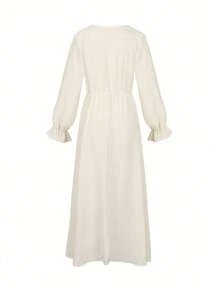 Bohemian High Waist Floral Lace Maxi Dress With V-Neck And Flowy Sleeves Elegant - Apricot - View 7