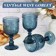 Sunflower Embossed Wine Glasses Set Of 6 – 10oz Blue Vintage Goblets, Dishwasher Friendly Stemmed Drinking Cups For Wedding Toast, Cocktail, Juice & Home Entertaining - 藏蓝色 - 查看 4