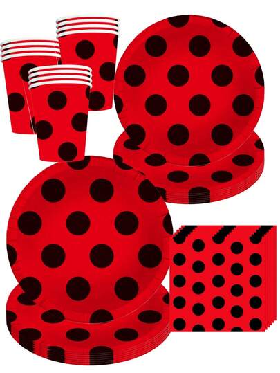 50Pcs Red & Black Polka Dot Party Supplies Set - Disposable Paper Plates Cups & Napkins | Festive Tableware For Birthday Parties, Retro Themed Gatherings & Casual Home Get-Togethers | Classic Polka Dot Pattern Decor For Kids' Party Favors, Friends' Brunch & Celebration Essentials