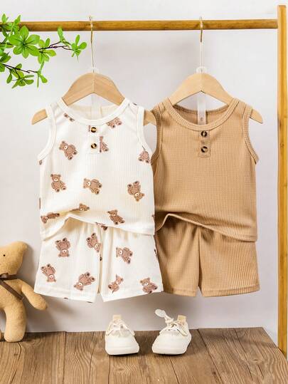 Set de 4 piezas con top de chaleco y pantalones cortos con gráfico de oso y unicolor de textura de gofre, nuevo para verano para niño bebé