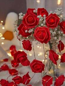 1串LED玫瑰花灯串，浪漫氛围照明，适用于情人节、婚礼装饰、生日派对、派对用品（不含电池） - 紅色 - 查看 13