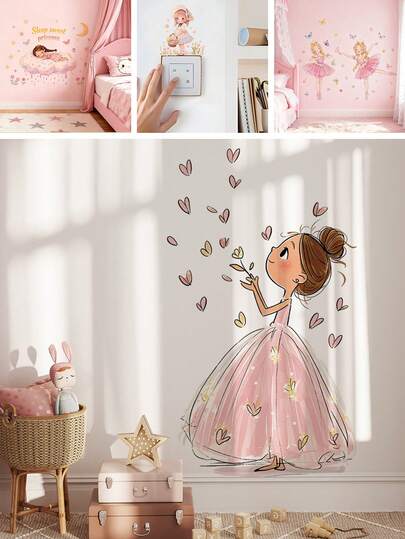 1pc Princess Wall Decals For Kids Bedroom, Cartoon Girl In Pink Dress Holds Flowers + Hearts, Nursery/Playroom DIY Home Decor Wall Stickers