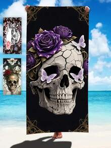 1pc Gothic Halloween Beach Towel, 250gsm Ultra-Fine Fiber Quick-Dry & Super Absorbent, Dark Skull Crack Rose Pattern, 70x140cm Or 90x180cm, Multi-Functional Sand Mat, Yoga Mat, Camping Blanket, Travel Shawl - Multicolor - View 1