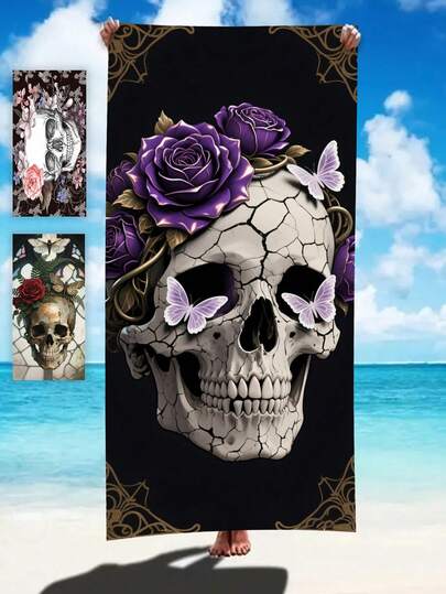 1pc Gothic Halloween Beach Towel, 250gsm Ultra-Fine Fiber Quick-Dry & Super Absorbent, Dark Skull Crack Rose Pattern, 70x140cm Or 90x180cm, Multi-Functional Sand Mat, Yoga Mat, Camping Blanket, Travel Shawl
