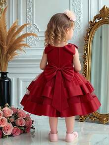 Baby Girls Sleeveless Backless Bow Mesh Satin Elegant Flower Girl Dress For Wedding, Party, Birthday, No Headband - Burgundy - View 1