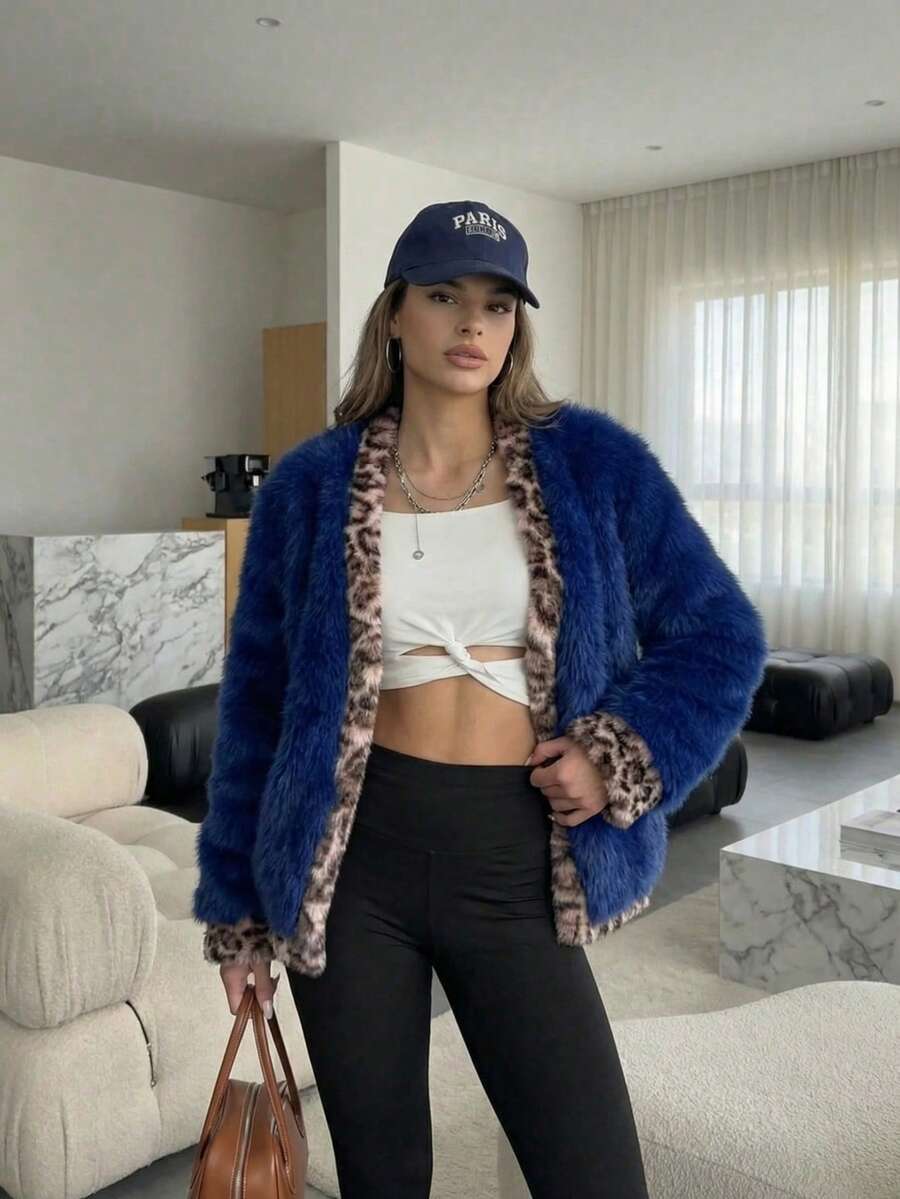 Women's Luxury Royal Blue Faux Fur Jacket Elegant Leopard Print Lining Fluffy Fuzzy Coat, Thick Warm Winter Outerwear For Carnaval Party Night Out Streetwear Chic Mob Wife Aesthetic Old Money Bontjas Fashion Panterprint - Royal Blue - View 1