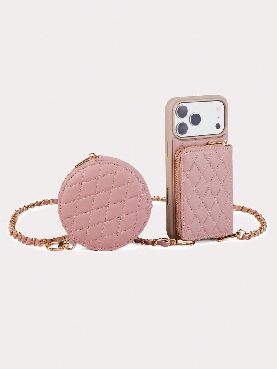 1pc Rhombus Fragrant Phone Pouch/Case, Luxury Quilted Leather With Sheep Wool Pattern, Crossbody Strap, Coin & Card Slots, Vacation Portable Protective Cover Compatible With IPhone 17, 16, 15, 14, 13, 12, 11, Galaxy, Black/Apricot/Pink/Camel/Burgundy/Purple/Orange/Onyx Black/Elegant White - Nude Pink - View 1