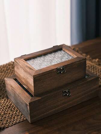 1个复古手工木制首饰盒 - 带压花金属盖，复古棕色木制收纳盒，带搭扣，北欧风格桌面整理盒，可用于存放首饰、小饰品、化妆品