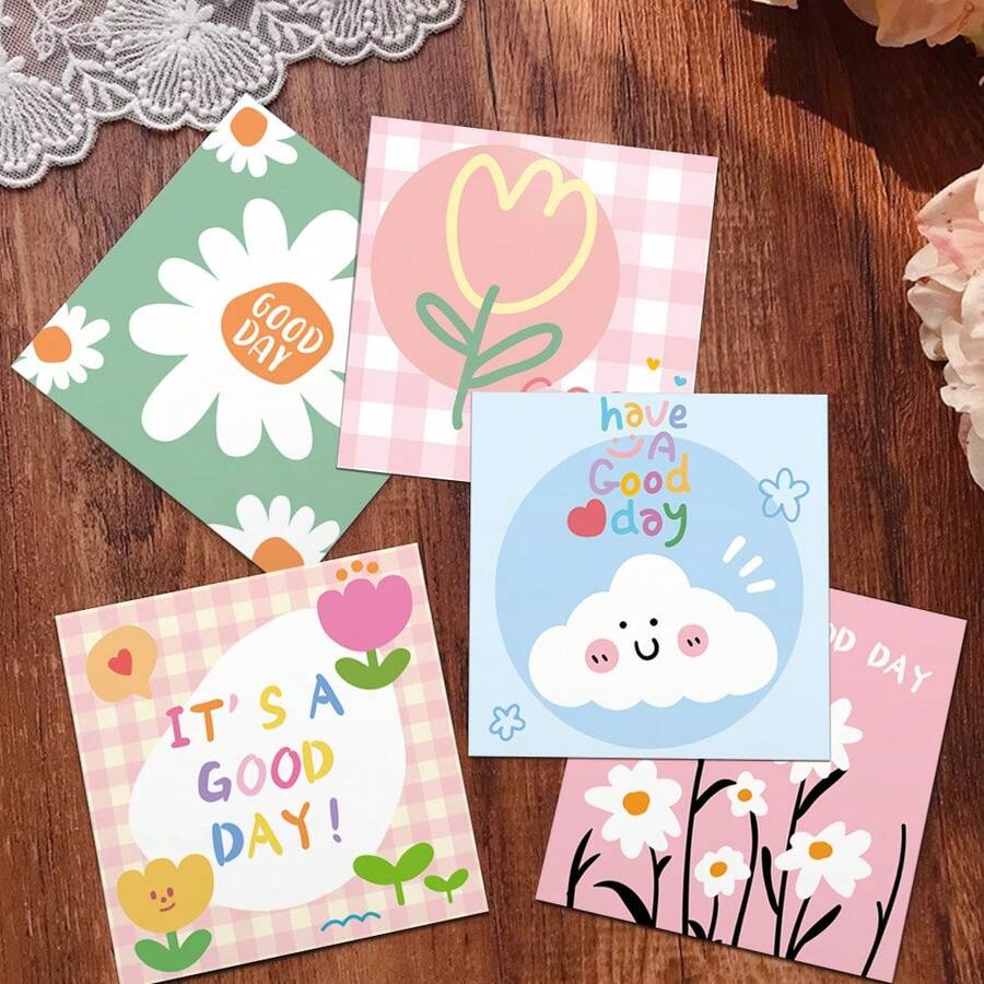 50pcs/Pack Mini Cartoon Flower "GOOD DAY" Gift Wrapping Message Cards, Square Minimalist "HAVE A NICE DAY" Baking Gift Floral Business Thank You Note Cards - Multicolor - View 1