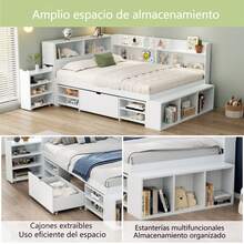 Barnsäng, 90 x 190 cm, enkelsäng, multifunktionell barnsäng med lådor och hyllor, stort förvaringsutrymme, ribbotten ingår, madrass ingår ej, vit. - Vit plywood - Visa 9