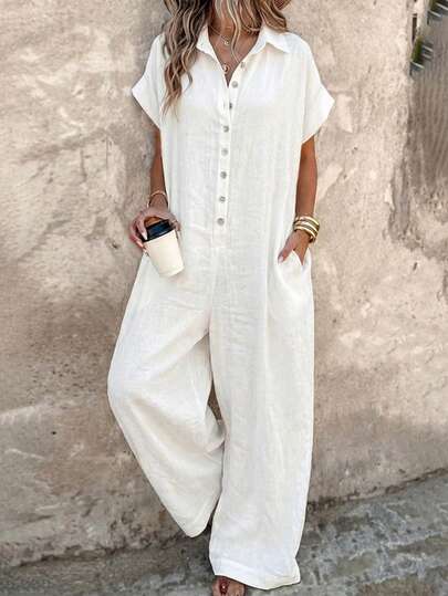 ChicMe 女士纽扣连体裤，亚麻材质，带口袋，翻领，短袖，阔腿设计，适合办公室和休闲场合穿着。