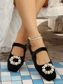 New Spring/Summer Velvet Slide Sandals, Fashionable Closed Toe Flat Slip-On Slippers For Women - Black - View 2