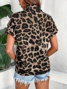 2026 Women's Leopard Print Casual Loose Button-Up Blouse, Turndown Collar Batwing Sleeve Short Sleeve Summer Holiday Shirt Vacation - Multicolor - View 3