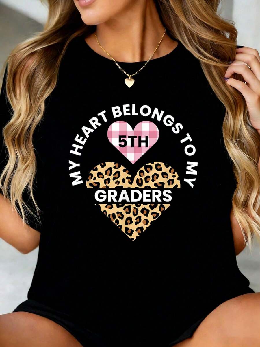 Heart Conversation T-Shirt Love Valentine's Day 5th Grade Teacher Jpg Graphic T-Shirts Women Crop Tops Fall Clothes For Women Sets For Women Fall Clothes For Women Tops T-Shirt - 黑色 - 查看 1