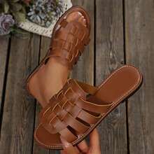 Womens Dressy Summer Sandals Outdoor Walking Travel Flats Slides Shoes Round Toe Braided Comfy Closed Toe Woven Vacation Mules - 棕色 - 查看 1
