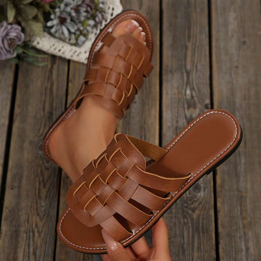 Womens Dressy Summer Sandals Outdoor Walking Travel Flats Slides Shoes Round Toe Braided Comfy Closed Toe Woven Vacation Mules - 棕色 - 查看 1