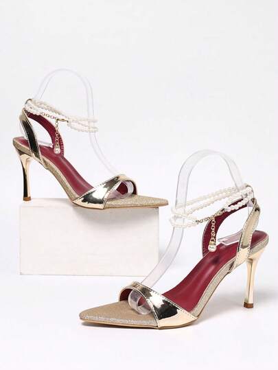 Women's Summer New High Heel Sandals, Gold Beaded Decoration Sexy High-End Sandals, Elegant And Fashionable Versatile Ladies Sandals, Thin High Heel Party Sandals, Date Night Glamorous Sandals