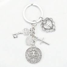 One Religious Novelty Keychain, A Circular Keychain With Multiple Accessories Assembled Together. The Keychain Of Saint Benedict And The Virgin Mary Cross, A Religious Prayer Protection Keychain Pendant, Can Be Used For Packaging, Decorating Mobile Phones, And Is A Beautiful Creative Gift. - 1 - Xem 7