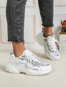 Women's White And Gray Mesh Leather Patchwork Platform Sneakers For All Seasons, Featuring Comfortable Soft Soles, Lightweight And Versatile, Suitable For Outdoor Hiking And Walking. Retro Casual Sporty Style, Perfect For Everyday Wear Or Holiday Gifts. - White Ash - View 3