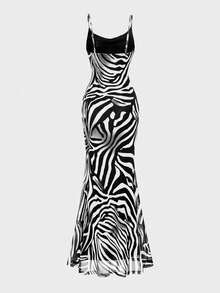 Elegant Zebra Print Deep V-Neck Bodycon Dress, Graceful Lady-Like Long Dress, Suitable For Vacation And Daily Wear - White - View 4