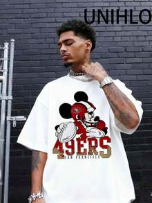 Disney UNIHLO  Street Life Men's Casual Loose World Cup Football2026  Cartoon  Print Short Sleeve T-ShirtSummer - 白色 - 查看 3