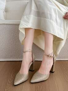 Elegant Party Pointed Toe Mary Jane Women's Gold Champagne And Silver High Heel Pumps, Sexy Modern Ankle Strap Chunky Heels - Champagne - View 2