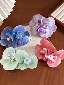 4件套 4.33英寸/11厘米 仿真花 仿真珍珠 兰花发夹，双花大号鳄鱼夹发饰，紫色、蓝色、绿色、粉色可选，适合度假、发型设计、马尾辫、发髻等场合，百搭、优雅、简约，纯色发爪，适合日常佩戴、休闲、通勤、发夹、发卡、头饰、弹簧发夹 - 彩色 - 查看 11